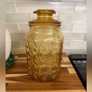 Vintage LE Smith Imperial Atterbury Scroll Amber Glass Apothecary Canister Jar